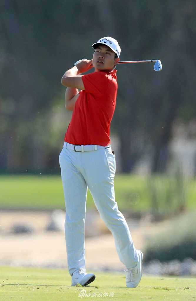 维斯特伍德与球童在关键推杆前躬身看线，神情专注，阳光将他们的影子长长地投射在果岭上