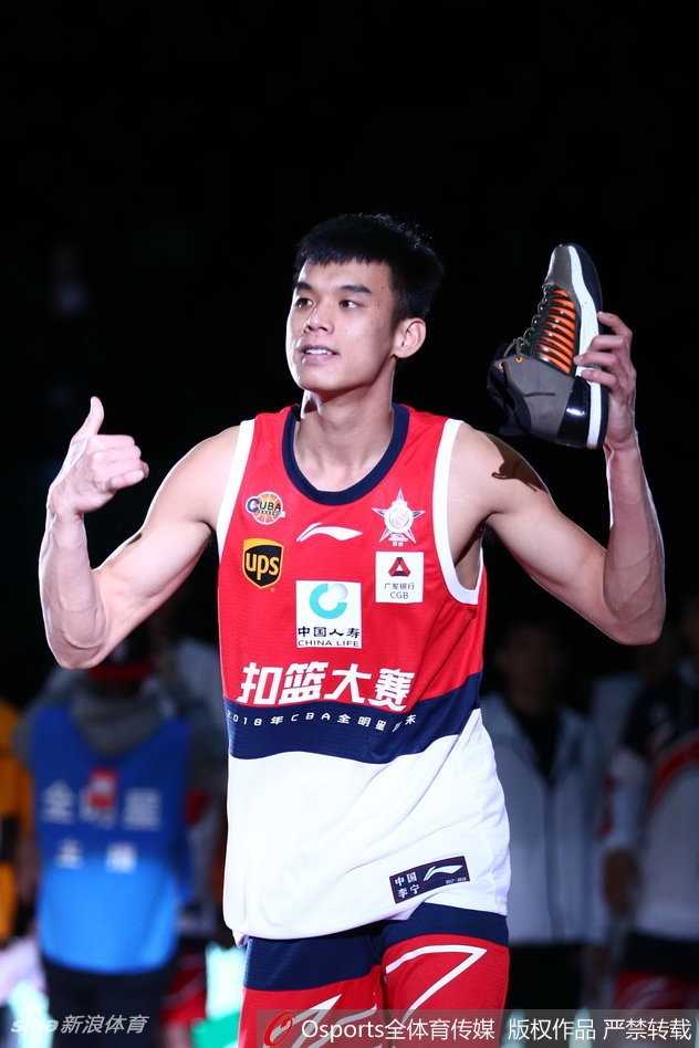 张健豪眼神专注，轻吻自己健硕的肱二头肌，仿佛在向全场观众宣告，这个夜晚他将用绝对的力量与技巧征服篮筐，霸气十足。